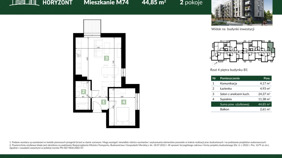 Karta mieszkania B1.M74 w inwestycji Osiedle Horyzont